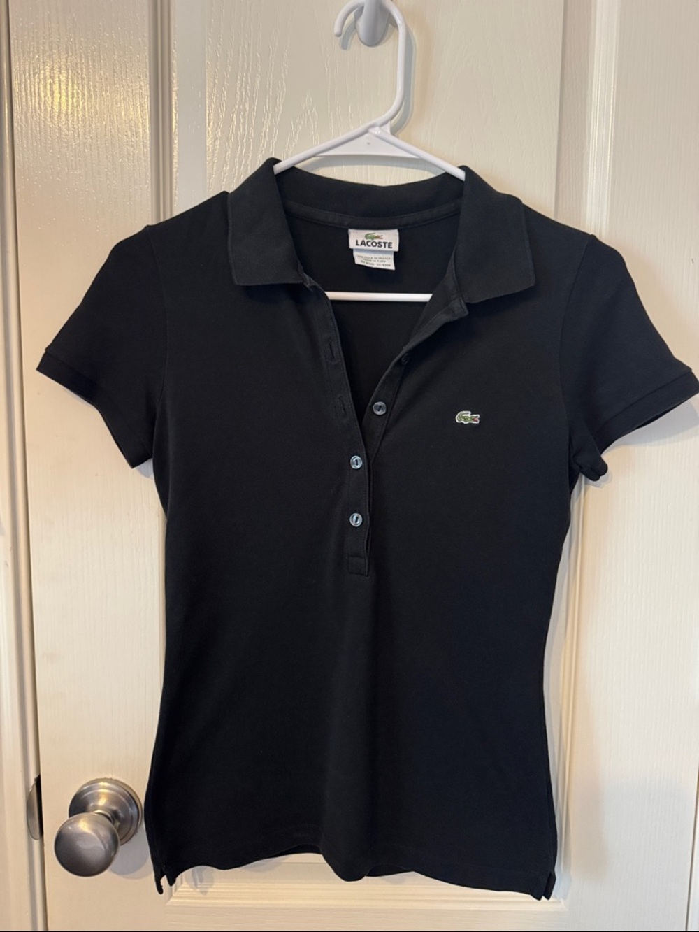 Lacoste Black Short Sleeve Button-Front Polo Shirt with Green Crocodile